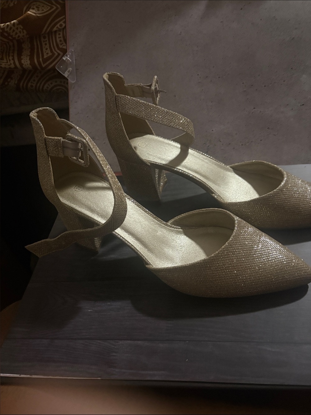 Gold Glitter Pointed-Toe Ankle-Strap Heels